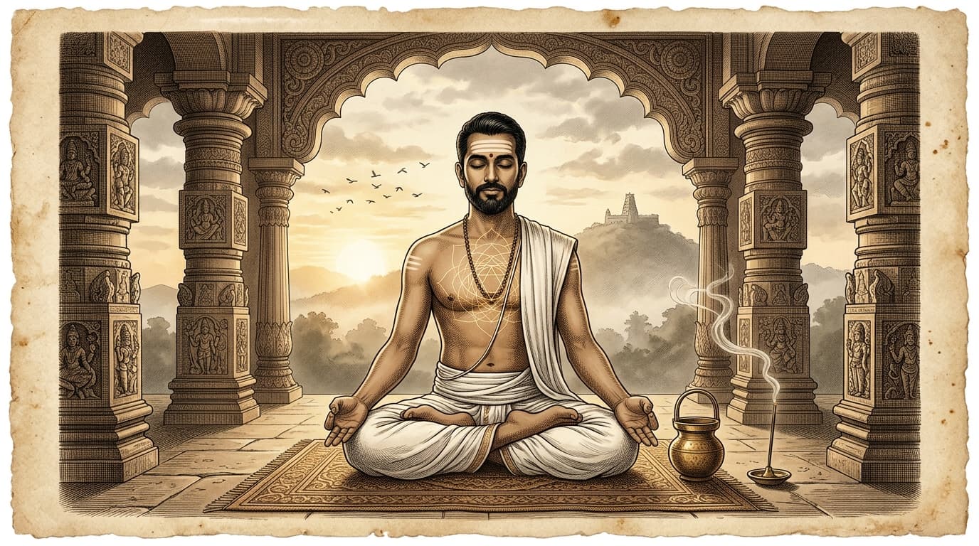 Yogacharya Aravind Prasad performing Classical Morning Yoga Sadhana Routine at Sunrise with Dinacharya, Pranayama, and Padmasana - Samyut Yoga Mysore