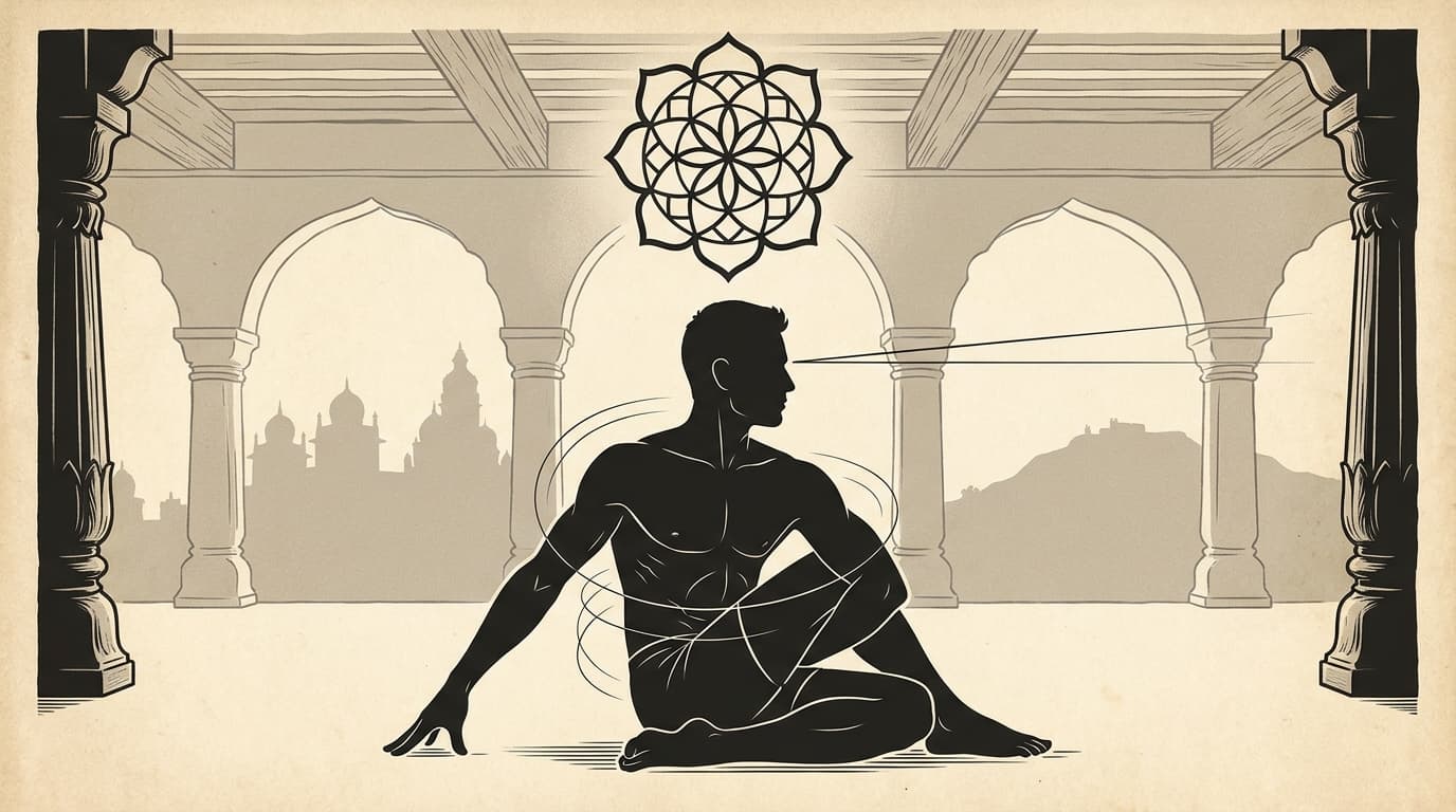 A premium oil painting representing the Mysore style Ashtanga yoga practice, showing a dedicated yogi practicing the sequence in a traditional shala under early morning sunlight.