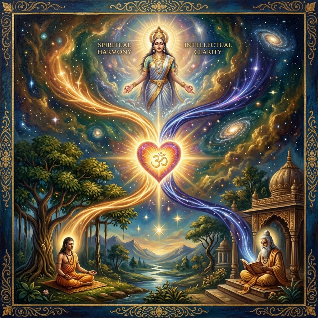 A premium oil painting representing the integration of Vedanta and Yoga, showing a glowing heart symbol with intersecting pathways of light.