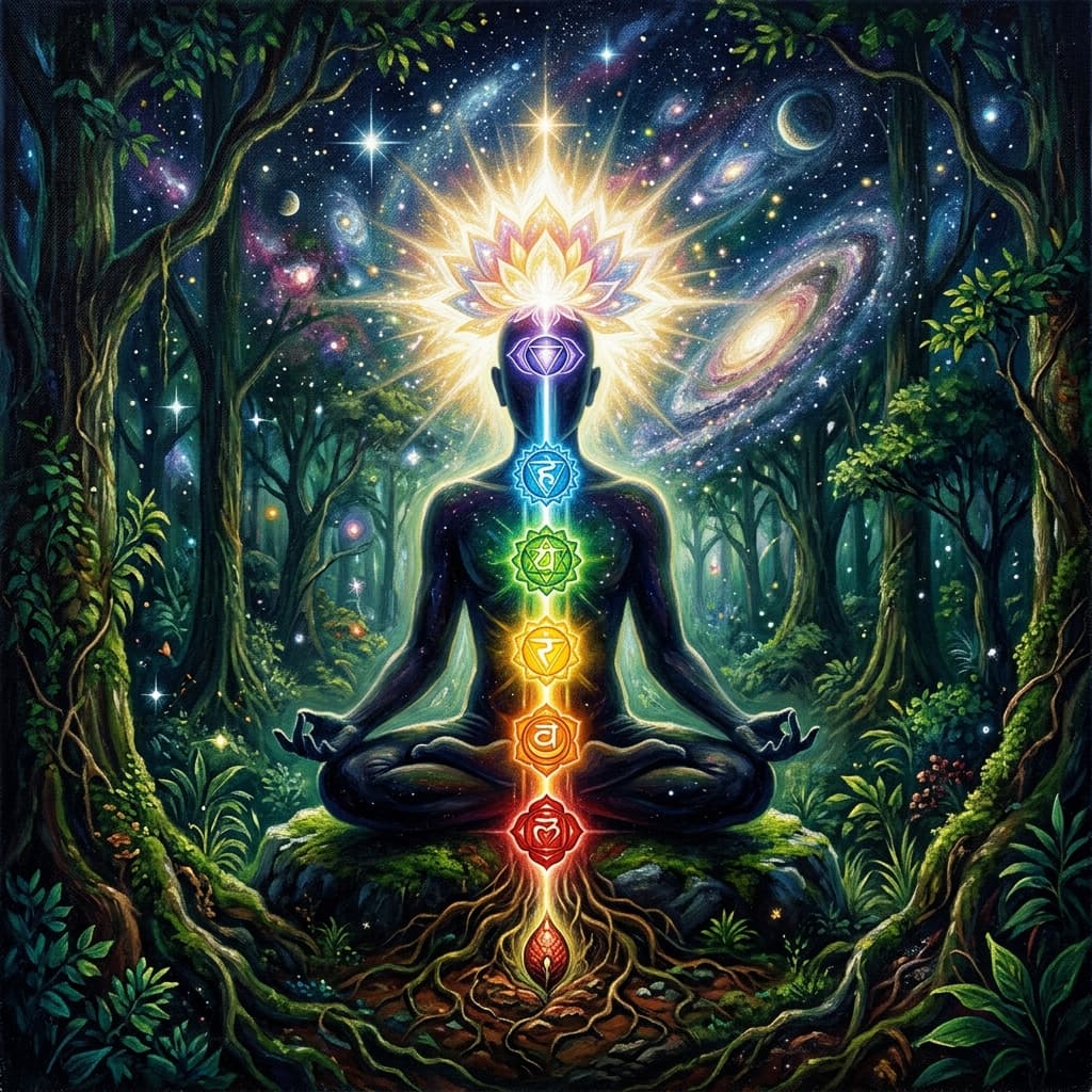 A detailed oil painting representing the seven stages of consciousness, showing a meditating yogi with glowing energy centers ascending to a brilliant halo of light.