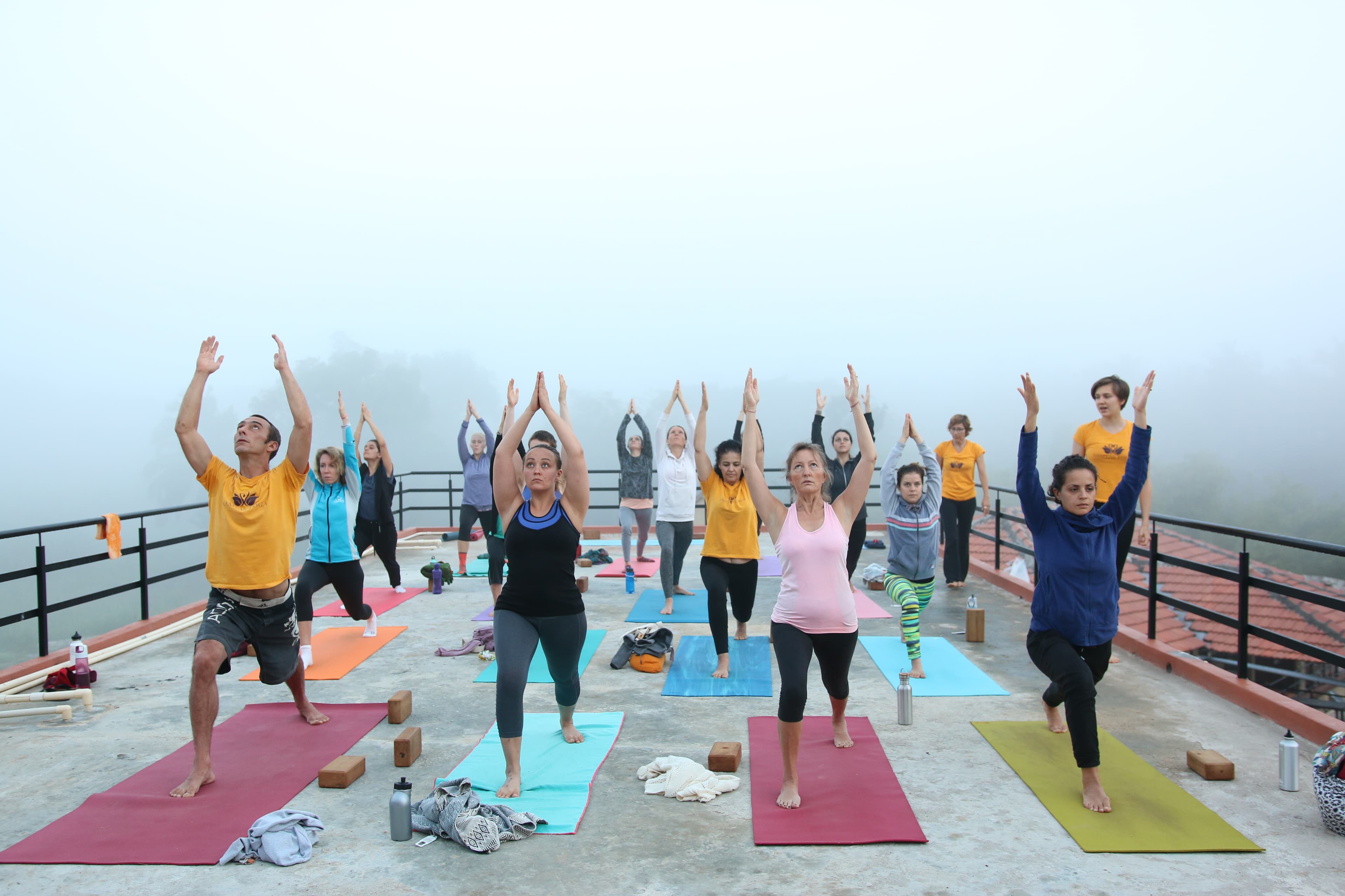 Rooftop Yoga Retreat — Virabhadrasana in Morning Mist, Mysore