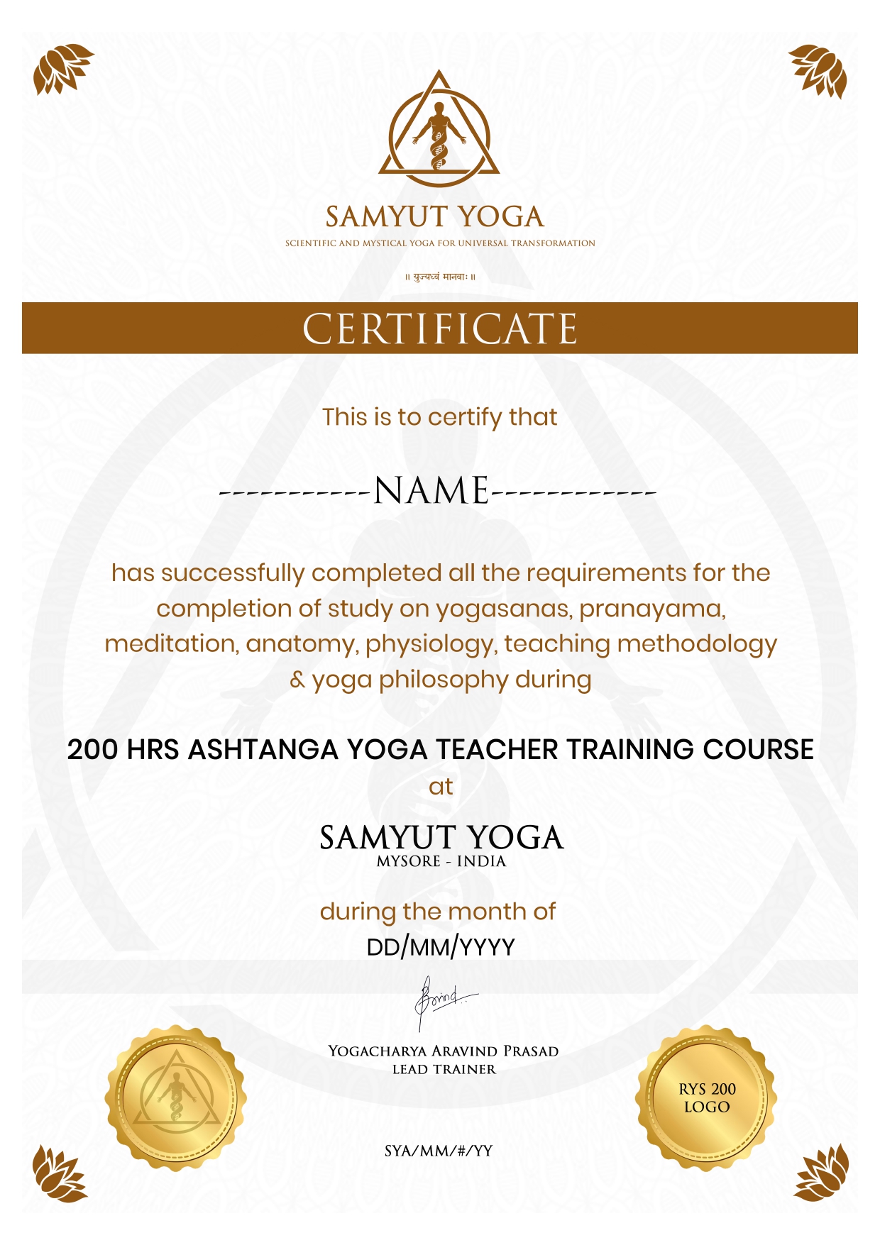 Ashtanga Yoga Certificate